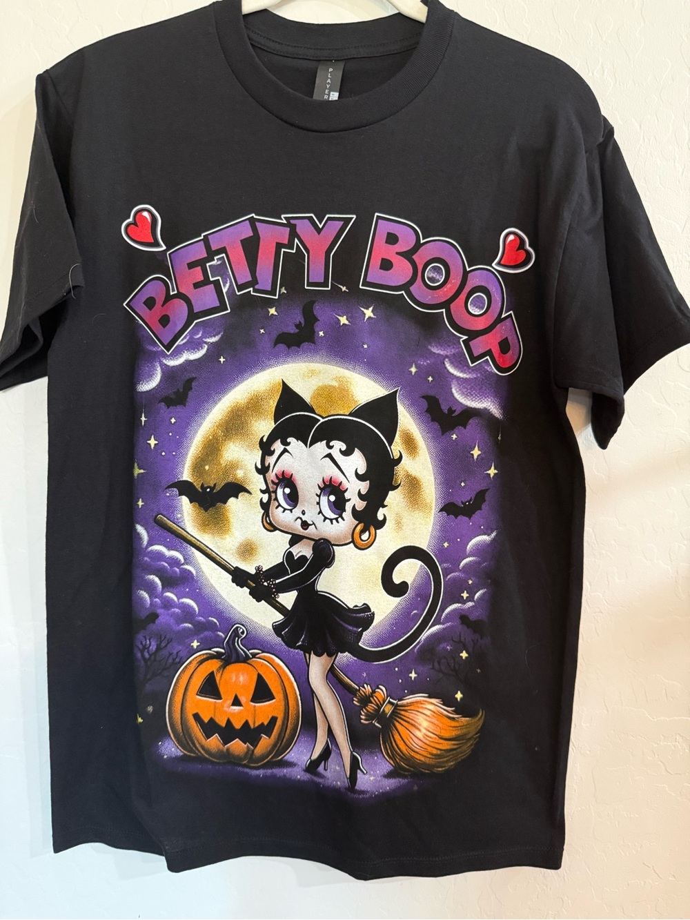 Element Black Betty Boop Halloween Cat Tee with Purple and Gold Art
